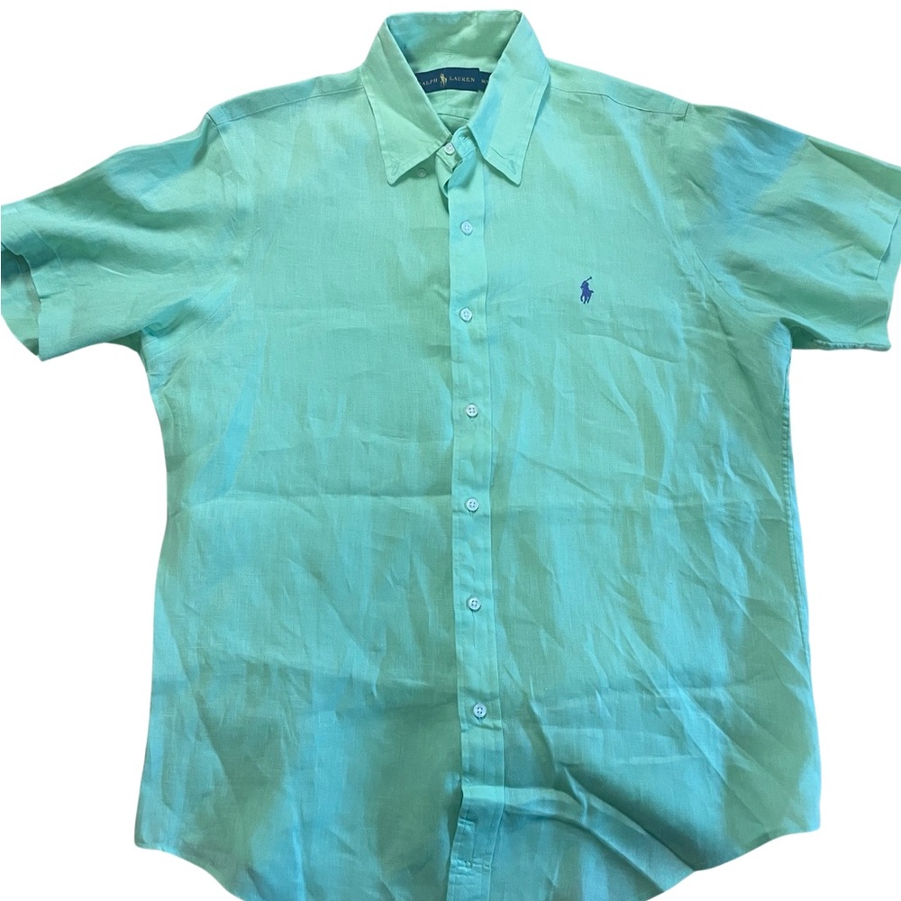 Ralph Lauren Men's M Button-down Linen S/S Dress Shirt Pastel Green Purple Pony